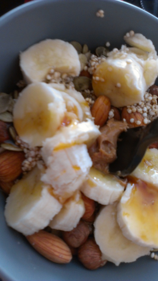 Sprouted Quinoa, Sprouted Almonds,Sprouted Pepitas, Banana, Raw Coconut Nectar 